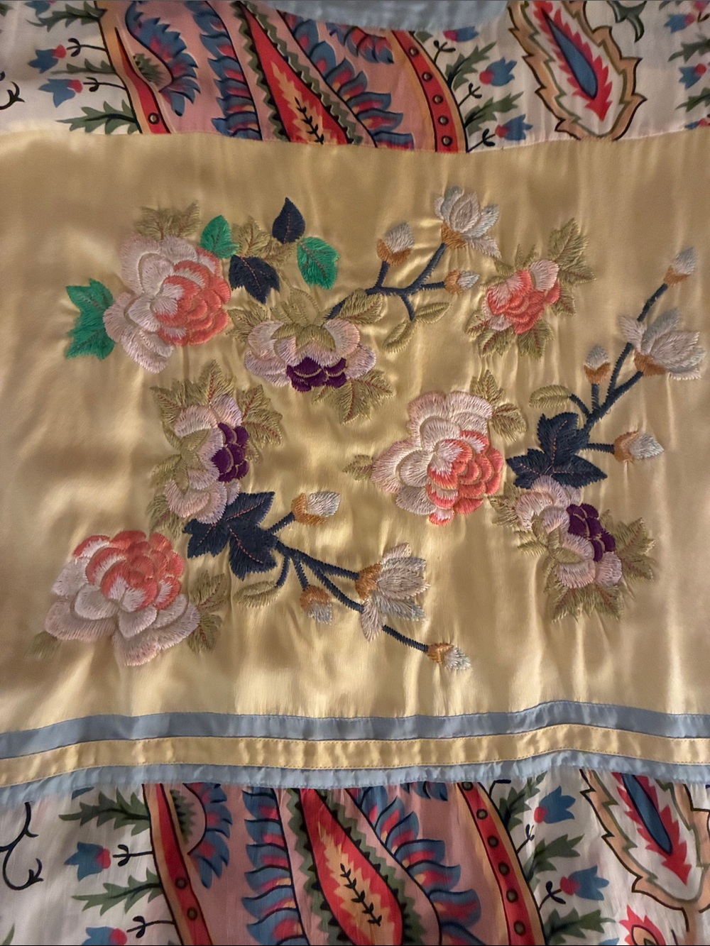 Johnny Was Yellow Satin Floral Embroidered Patchwork Silk Top Large chest 40” - Picture 3 of 9